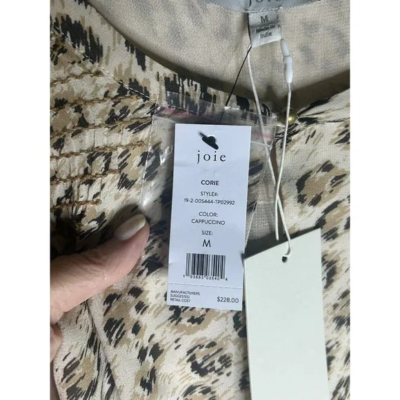 Joie Leopard Print 100% Silk Smocked Corie Keyhole A-line Blouse NEW W/TAG $228 - Picture 9 of 11